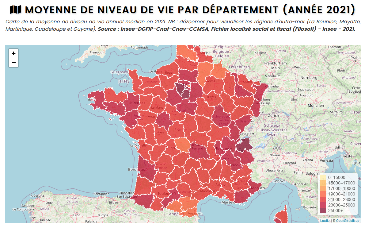 Image de l'article: Cartographie - Niveau de vie 2021 par département