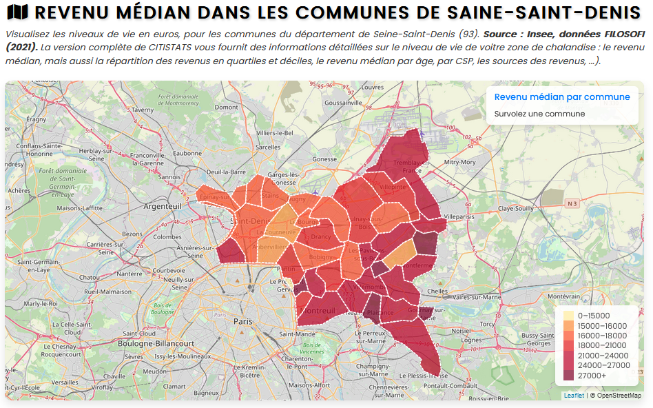 Image de l'article: Cartographie - Revenu médian dans les communes de Seine-Saint-Denis en 2021